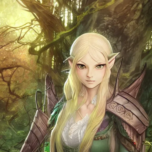 Prompt: female elf mage portrait surrounded by forest, by Yusuke Kozaki