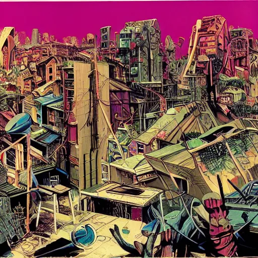 Image similar to biopunk underground bunker, crowded city, small favela-like suburb, gerald brom and andy warhol and steve ditko, 1998
