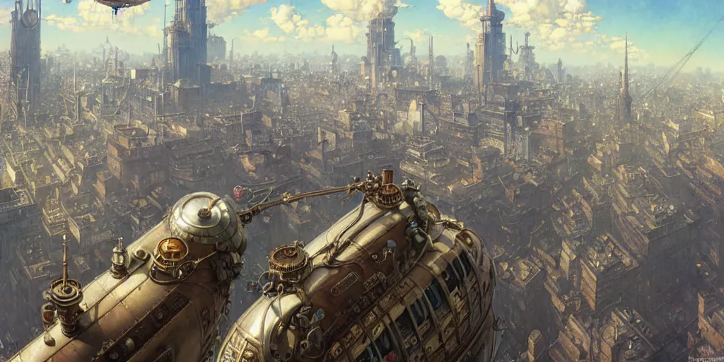 Image similar to steampunk airship above a busy city, exquisite details, denoised, mid view, by norman rockwell, karl kopinski, artsation, greg rutkowski, makoto shinkai, takashi takeuchi, studio ghibli