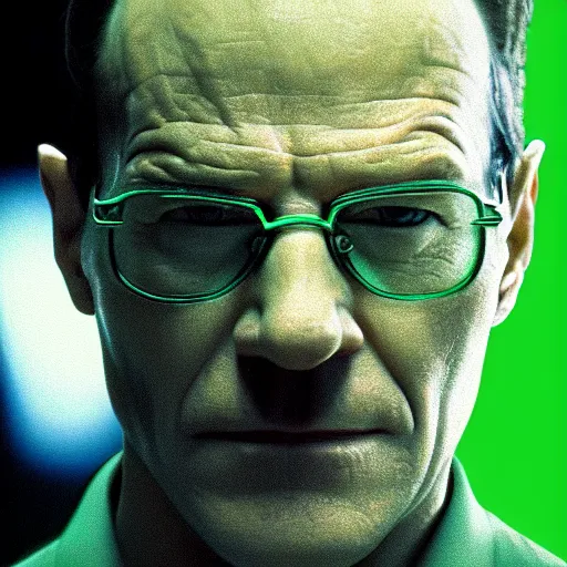 Image similar to film still of Bryan Cranston as Neo in The Matrix (1999), light green tint, film grain, dof