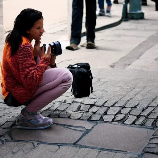 Prompt: a woman taking a photograph on sidewalk