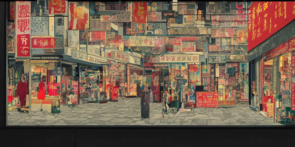 Image similar to a shop window in hong kong, by dan mumford and peter doig and edward hopper, minimal, black in, thick lines highly detailed, muted colours, overlaid with chinese adverts, 8 k