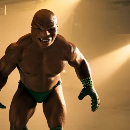 Prompt: A movie still of Mike Tyson as a Teenage Mutant Ninja Turtle, dynamic lighting, 8k, Action shot, 2022 picture of the year