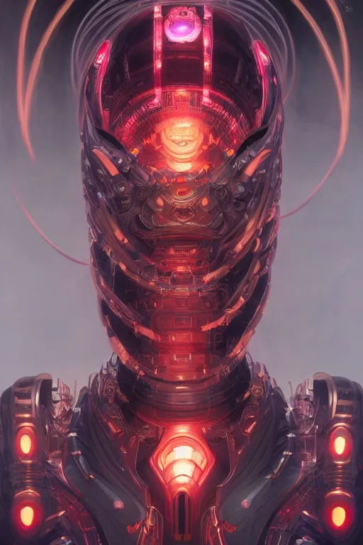 Image similar to asura from chinese myth, ghost, mecha, symmetrical. sci - fi, tech wear, glowing lights, intricate, elegant, highly detailed, digital painting, highly detailed, digital painting, artstation, concept art, smooth, sharp focus, illustration, art by artgerm and greg rutkowski and alphonse mucha