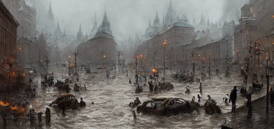 Prompt: famous photo of the flood in oslo, intricate, hyper detailed, 8k, james gurney, greg rutkowski, john howe, artstation