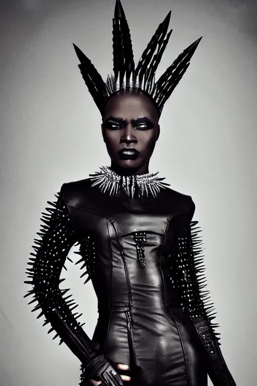 Prompt: an african woman in a black leather outfit with spikes on her head, a high fashion character portrait by christen dalsgaard, featured on behance, gothic art, androgynous, genderless, gothic