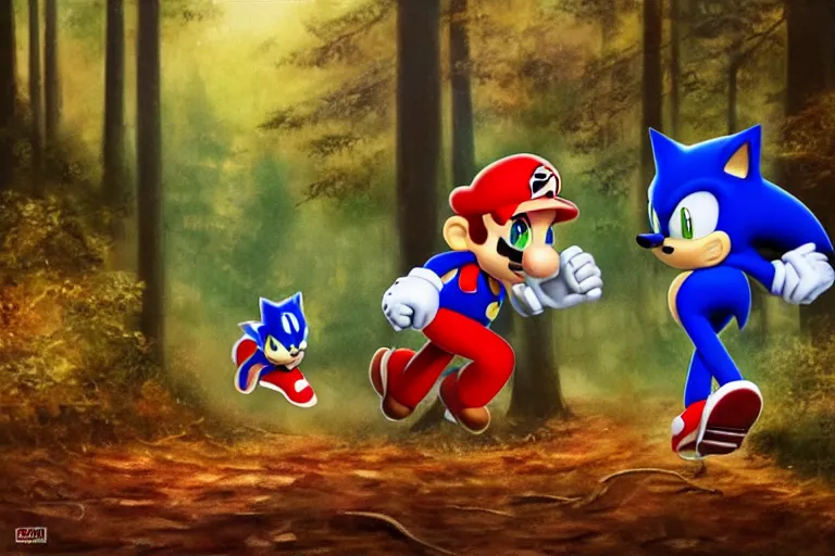 Prompt: Mario chasing Sonic the Hedgehog through the woods with a chaisaw and a hockey mask in the style of Friday the 13th, oil painting, very realistic, forest setting, evil, gritty, featured on artstation