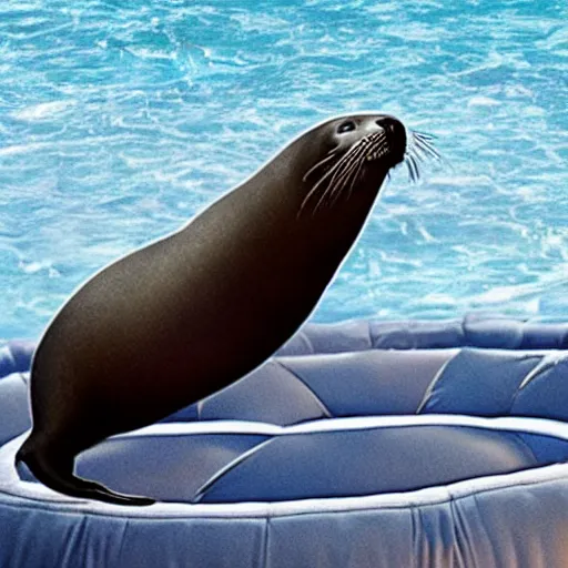 Prompt: hyperrealistic photo of a seal doing a backflip in a trampoline, realistic, hyperrealistic, real