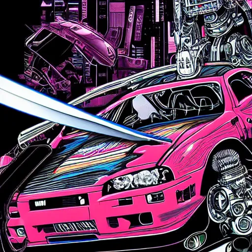 Image similar to beautiful hyper-detailed full colour manga illustration of an evil robot with a sword, slicing a Nissan skyline r34, cyberpunk, car wreck, neon