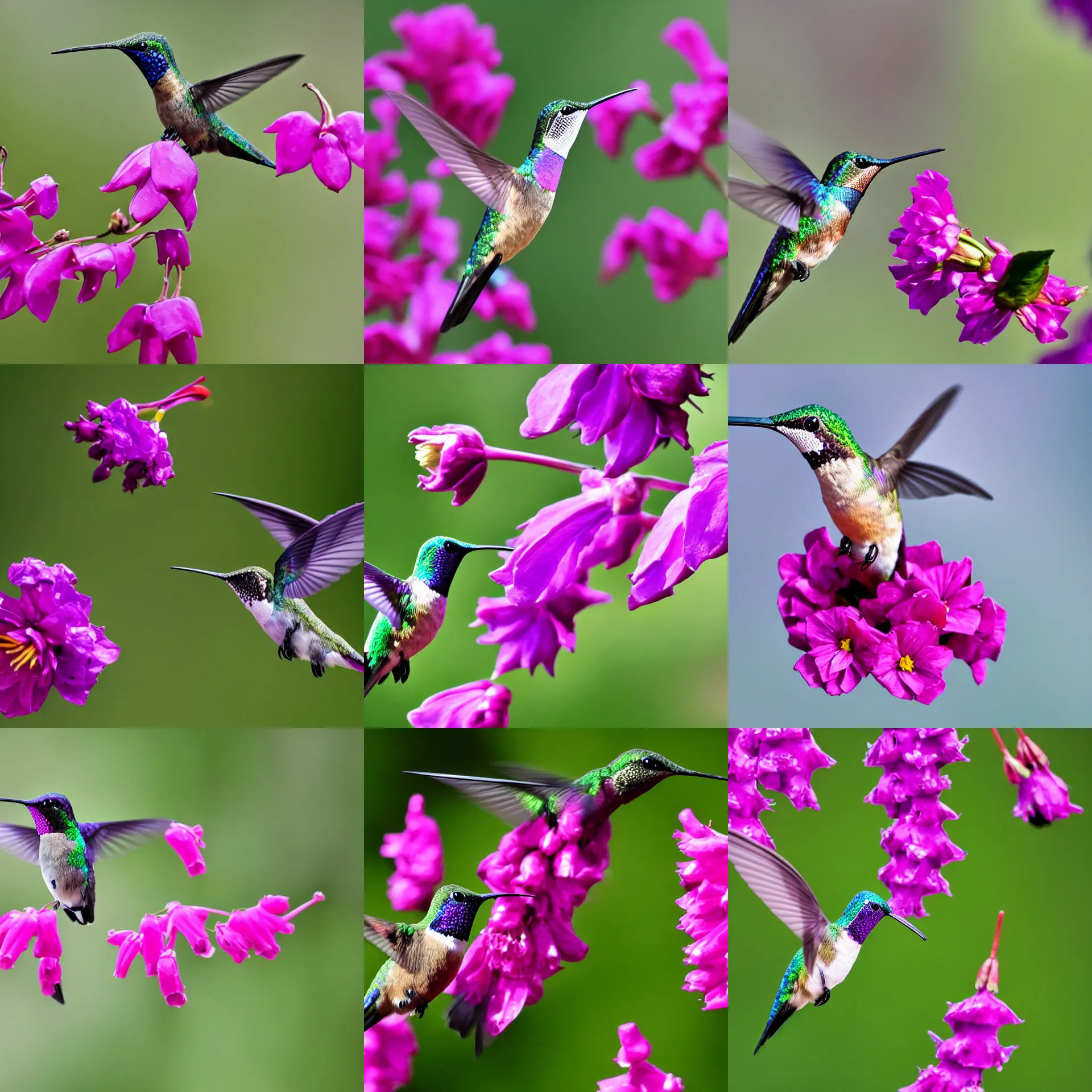 Prompt: a cute purple hummingbird at a fuchsia flower with five petals in the swiss alps