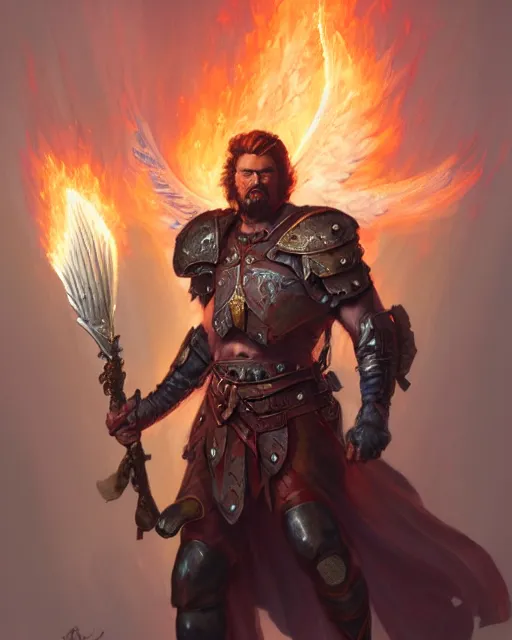 Prompt: character portrait of a brawny male warrior angel of justice, wearing shining armor, wielding a flaming sword and holding a heater shield, by peter mohrbacher, mark brooks, jim burns, wadim kashin, greg rutkowski, larry elmore, trending on artstation