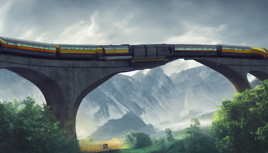 Prompt: futuristic train driving over futuristic aqueduct, green hills, matte painting, artstation, sunrise, blue sky, drone view