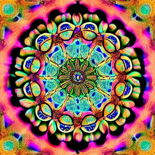 Prompt: ornate psychedelic twisting three dimensional mandala vortex inside a hexagonal box, intricate detail, complex