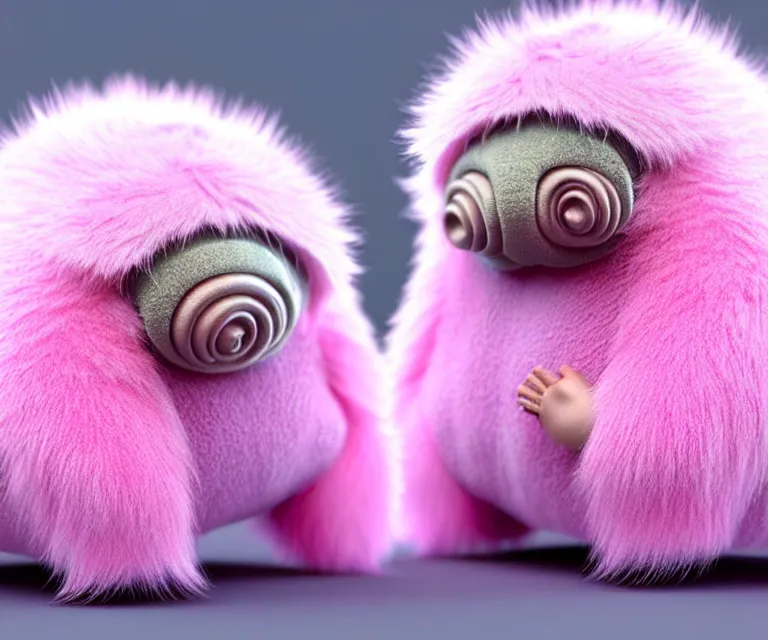 Image similar to high quality 3 d render hyperrealistic very cute small tardigrade, plush mascot, short spiky dense fluffy smooth hair, photo from the side, pink fluffy fur, 1 5 0 mm, beautiful natural soft light, rim light, vray, smooth background, artstation, ultra detailed