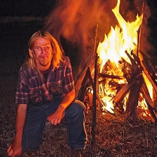 Prompt: photo of hillbilly with long blonde hair around a bonfire