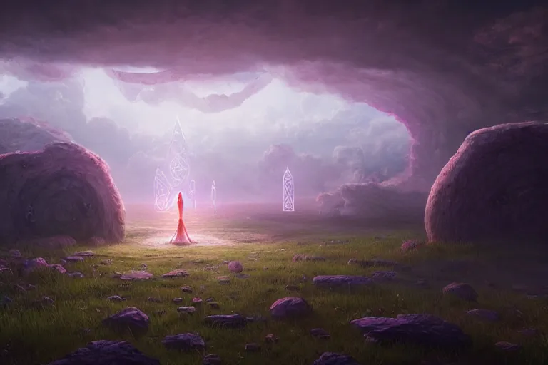 Image similar to a psychedelic realm with rolling plains made out of clouds, and a giant portal covered in runes that leads into the multiverse, in the style of wlop, illustration, epic, fantasy, hyper detailed, smooth, unreal engine, sharp focus, ray tracing