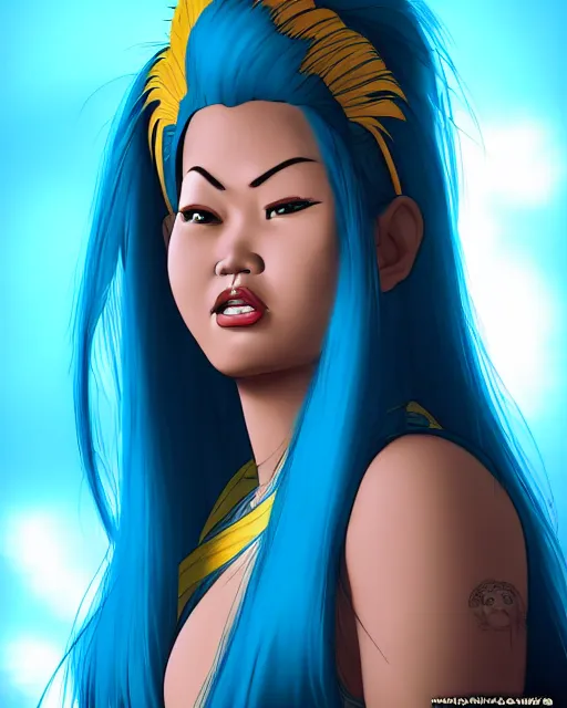 Image similar to welcoming heavy filipina woman character portrait, by don bluth, electric blue hair, sci - fi environment, highly detailed, dynamic shadows, 4 k, wallpaper - 1 0 2 4