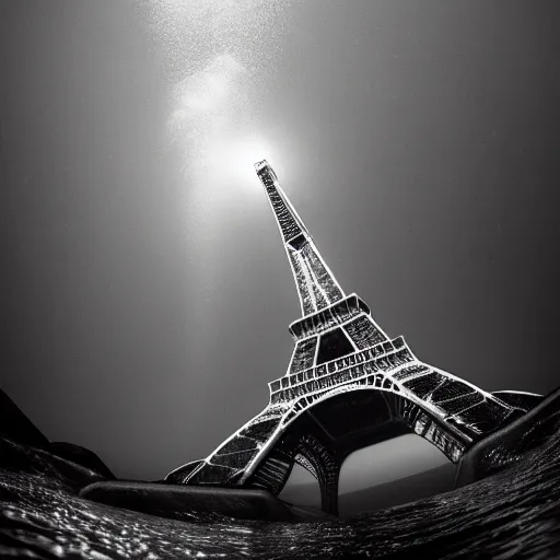 Prompt: underwater photo of the eiffel tower, dark ocean water, detailed illustration, national geographic, submarine camera imagery, james cameron, gloomy, high quality photography, blurry, polluted, crisp details, sigma 1 0 - 2 0 mm, nikon 1 0 - 2 4 mm, fisheye, water particulate, low contrast