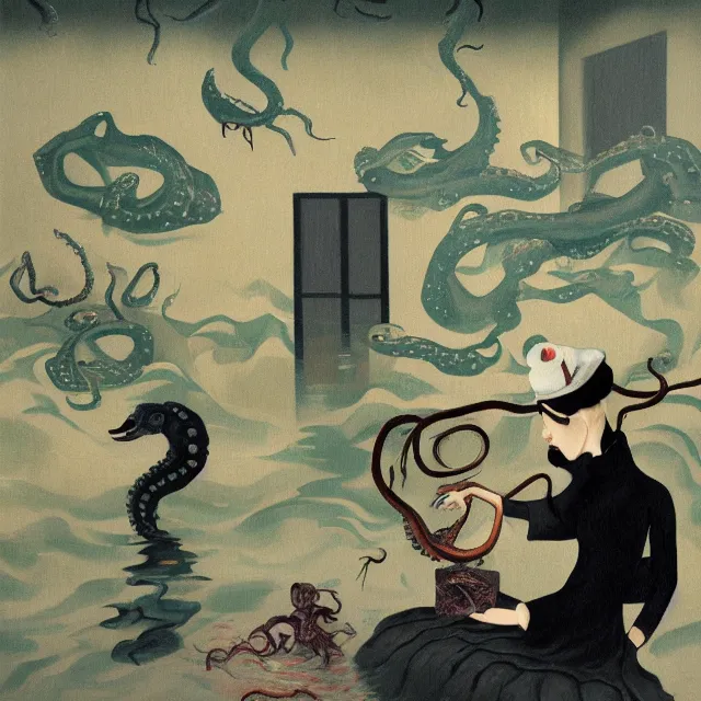 Image similar to tall female emo artist holding an octopus in a flooded cafe, octopus, water gushing from ceiling, painting of flood waters inside a cafe, a river flooding indoors, pomegranates, pigs, ikebana, water, octopus, river, rapids, waterfall, black swans, canoe, berries, acrylic on canvas, surrealist, by magritte and monet