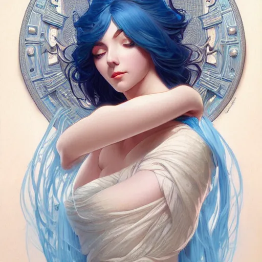 Image similar to goddess, blue hair, intricate, elegant, ethereal, highly detailed, retro, digital painting, artstation, concept art, smooth, sharp focus, full body shot, illustration, art by artgerm and greg rutkowski and alphonse mucha