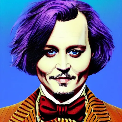 Image similar to portrait of johnny depp without mustache and beard as willy wonka, highly detailed, centered, solid color background, digital painting