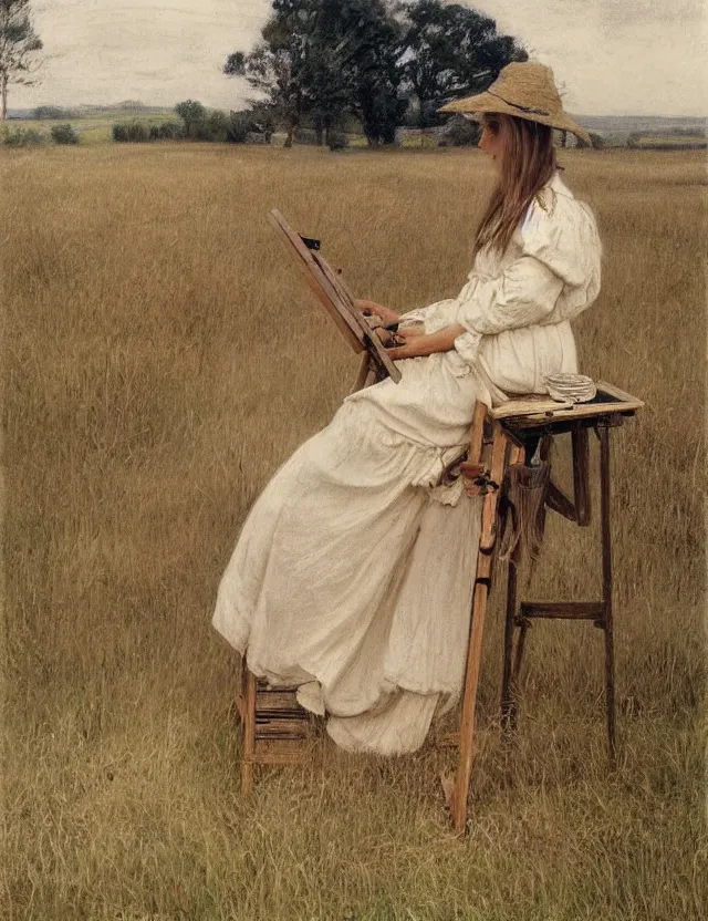 Image similar to peasant girl drawing a landscape on a canvans on an easel, cottage core, cinematic focus, polaroid photo bleached vintage pastel colors high - key lighting, soft lights, foggy, by steve hanks, by lisa yuskavage, by serov valentin, by tarkovsky, detailed, oil on canvas