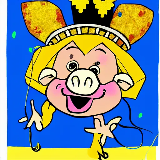 Image similar to 2d cartoon happy pig wearing a gold crown in the style of joe tamponi