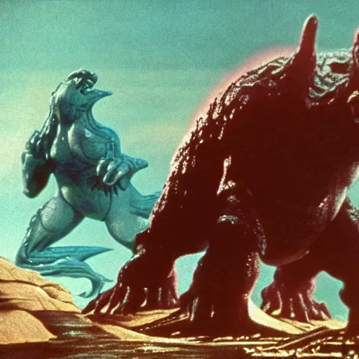 Prompt: Pulgasari the North Korean monster, volumetric lighting, filmstill, produced by Kim Jong-il, Kodachrome, kaiju-eiga, monster movie