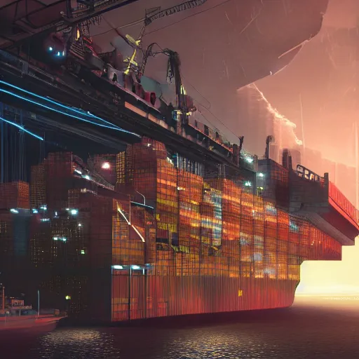 Image similar to photo of Immense industrial futuristic cargo ship arrives at cyber punk city sea port, cinematic lighting, photo