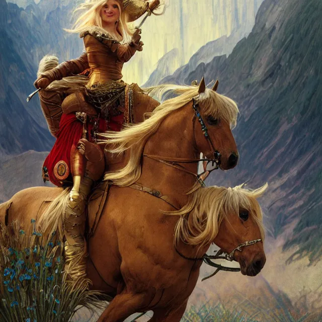 Prompt: donald trump with long blonde hair wearing scale mail, riding a horse in the mountains on a dark and stormy day, rtx rendering, octane render 1 2 8 k, maya, extreme high intricate details by wlop, medium shot, composition by by frank frazetta and alphonse mucha, oil on canvas, bright colors, art nouveau