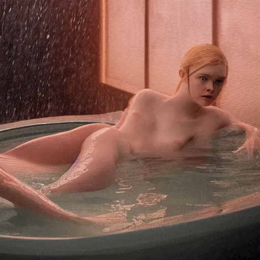 Image similar to silhouette of Elle Fanning submerged in a tub, stormy weather, extremely detailed masterpiece, oil on canvas, low-key neon lighting, artstation, Blade Runner 2049, Roger Deakin’s cinematography, by J. C. Leyendecker and Peter Paul Rubens,