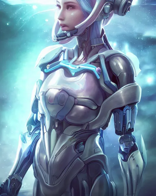 Image similar to perfect android girl on a mothership, warframe armor, beautiful face, scifi, futuristic, galaxy, nebula, bae suzy, dreamy, long white hair, blue cyborg eyes, sharp focus, cinematic lighting, highly detailed, artstation, divine, by gauthier leblanc, kazuya takahashi, huifeng huang