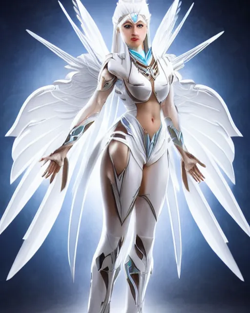 Image similar to perfect white haired egyptian goddess with huge white dove wings, warframe armor, attractive, beautiful, symmetric, dreamy, half asian, pretty face, blue eyes, detailed, scifi platform, laboratory, experiment, 4 k, ultra realistic, epic lighting, android body, illuminated, cinematic, masterpiece, art by akihito tsukushi, voidstar