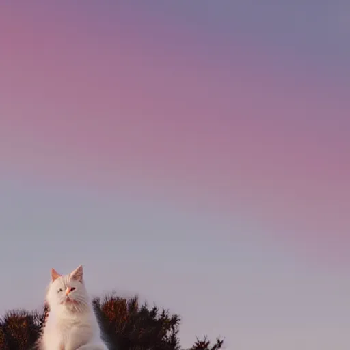 Prompt: white fluffy cat on a light purple cloud floating in a pastel pink sky