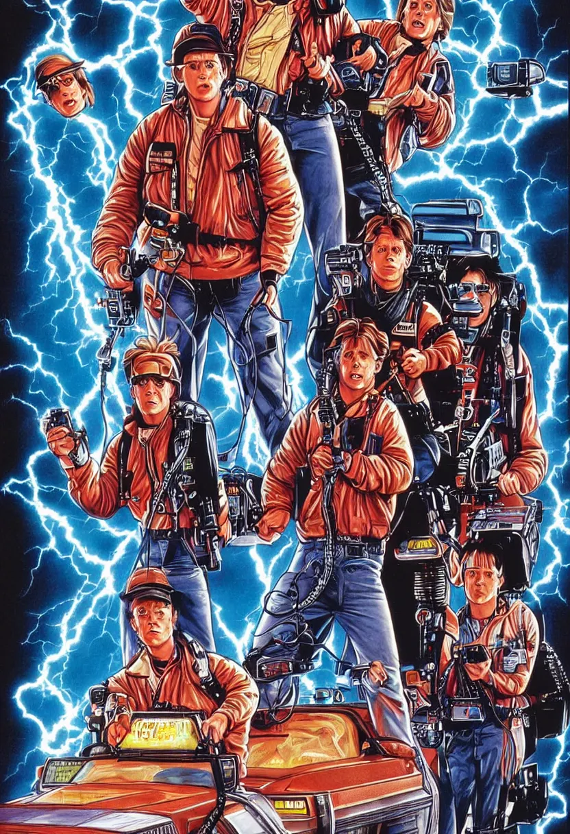 Image similar to 8 0's movie poster for back to the future vs. ghostbusters, art by drew struzan