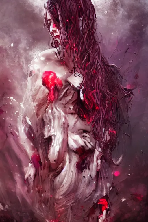 Image similar to A girl with a marble face, flowing silver-violet hair, stands with her arms spread out against the background of a blood-purple cloud, red streams flow through her body, skulls and bones of hands crawl out of the ground, dark red drops fly around, Anachronism, painting, dark fantasy, steampunk, 4k