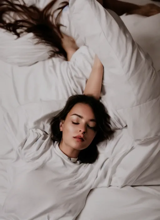 Image similar to a woman posing, beautiful face, serious expression, brown hair, laying on a bed, wearing pants and a t-shirt, backlit, photo by Marat Safin, Canon EOS R3, f/1.4, ISO 200, 1/160s, 8K, RAW, unedited, symmetrical balance, in-frame