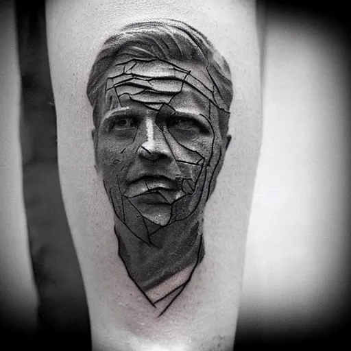 Image similar to double - exposure effect of davids statue face with cracks, in the style of dan mountford, amazing detail, black and white, tattoo sketch