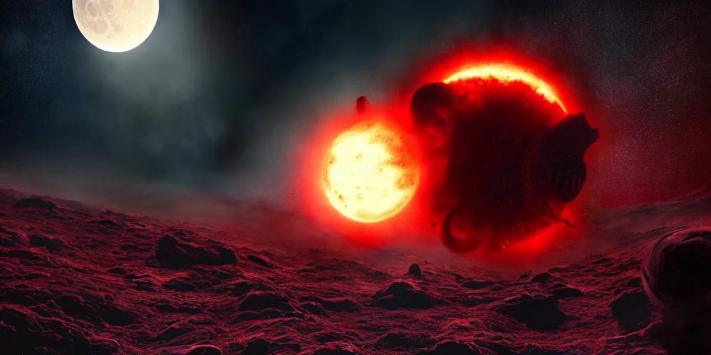 Prompt: giant <Cthulhu> silhouetted lunar surface crushing attacking redspaceship misile fighter with explosion, photorealistic, wide-angle, long shot, epic, space, lunar photo backdrop on film