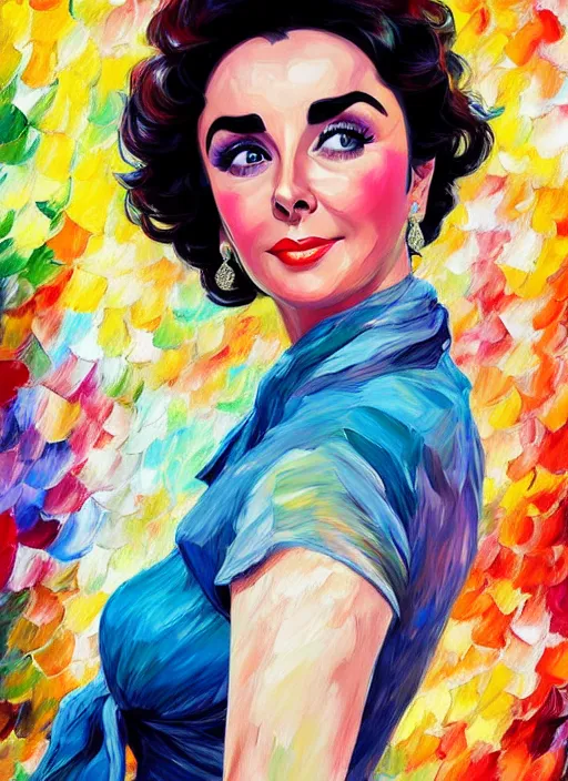 Image similar to elizabeth taylor, wearing mid - century clothes,, half body shot, path traced, highly detailed, high quality, digital painting, alena aenami, leonid afremov, lilia alvarado, shinji aramaki, karol bak, alphonse mucha, tom bagshaw