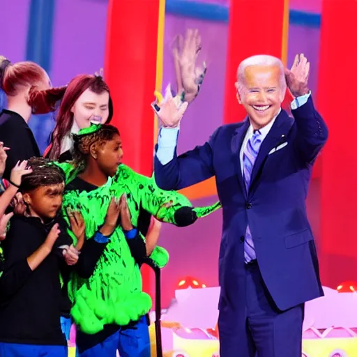 Image similar to joe biden getting slimed at the kids choice awards, dynamic, cinematic photo