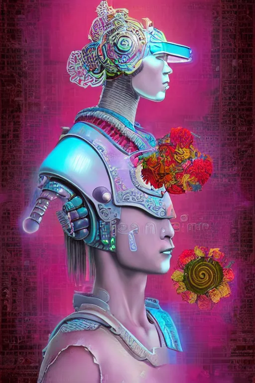 Image similar to opalescent retrofuturistic digital airbrush illustration of a samurai wearing an ornate microprocessor headpiece and holding a flower with a map of the collective subconscious in the background by luigi patrignani