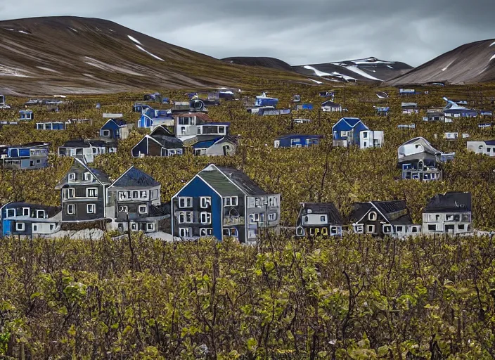 Image similar to desolate abandoned longyearbyen, taken over by nature, houses covered in vines