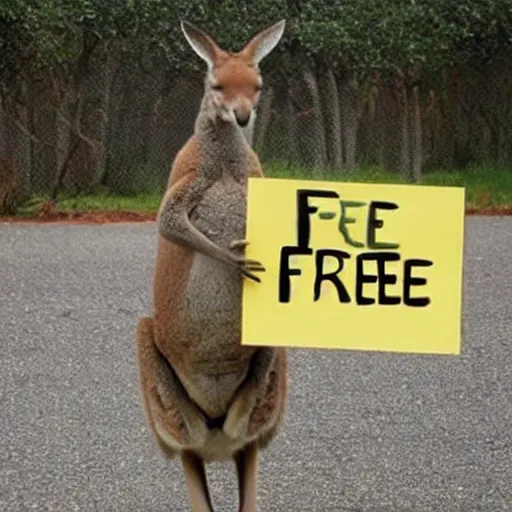 Image similar to < photo hd legible > a kangaroo holding a sign that says'free ross'< / photo >