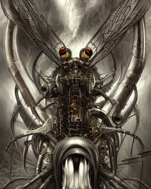 Image similar to death is swallowed up in victory, very detailed and beautiful portrait of a giant mechanical wasp, screaming with fear, giant mechanical bird, artwork by artgerm, art by h. r. giger