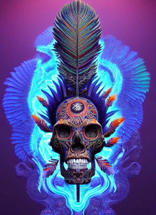 Image similar to 3 d shaman with tattoos profile portrait, sigma 5 0 0 mm f / 5. beautiful intricate highly detailed quetzalcoatl skull and feathers. bioluminescent, plasma, lava, ice, water, wind, creature, thunderstorm! artwork by tooth wu and wlop and beeple and greg rutkowski, 8 k trending on artstation,