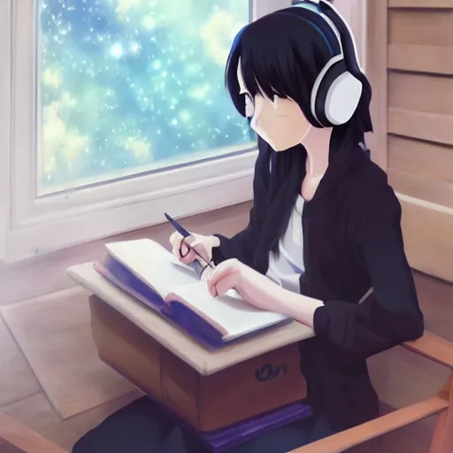 Image similar to Anime painting of a black haired girl wearing headphones while studying in her warm cozy home, by makoto shinkai, relaxed, calm, atmospheric, trending on artstation, kimi no na wa