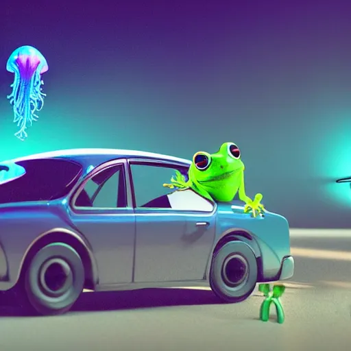 Prompt: frog driving a car, tentacles, unnatural shapes, jellyfish, insect, octane render, 3 d digital art by beeple, unreal engine 5, award winning