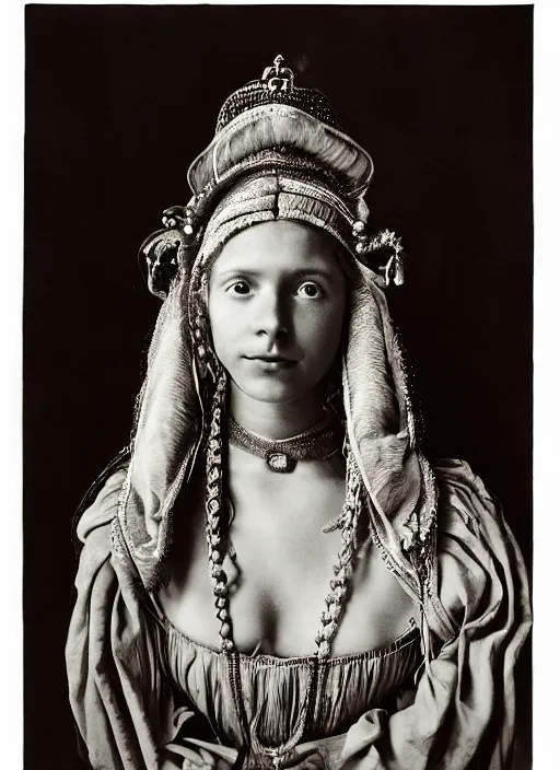 Prompt: portrait of young woman in renaissance dress and renaissance headdress, art by sebastiao salgado