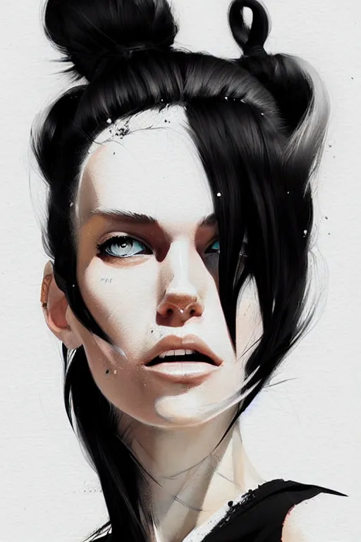 Image similar to a ultradetailed beautiful painting of a stylish woman in with white hair in a ponytail, she is wearing a black tank top, by conrad roset, greg rutkowski and makoto shinkai trending on artstation